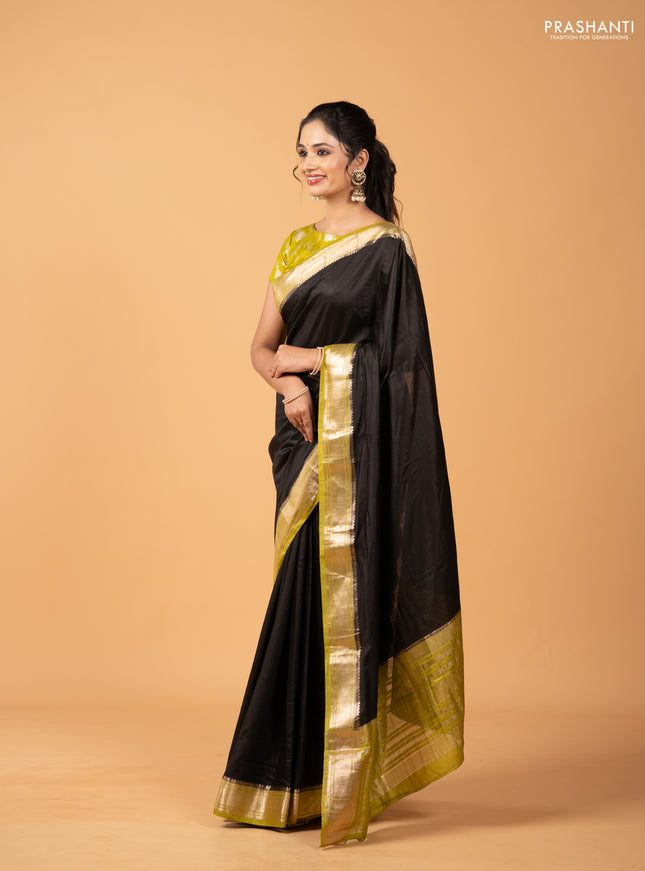 Black & Light Green Semi Mangalgiri Cotton Saree - Brocade Blouse