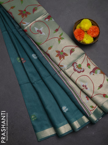 Jamdhani cotton saree peacock green and maroon with allover thread weaves and jamdhani pallu