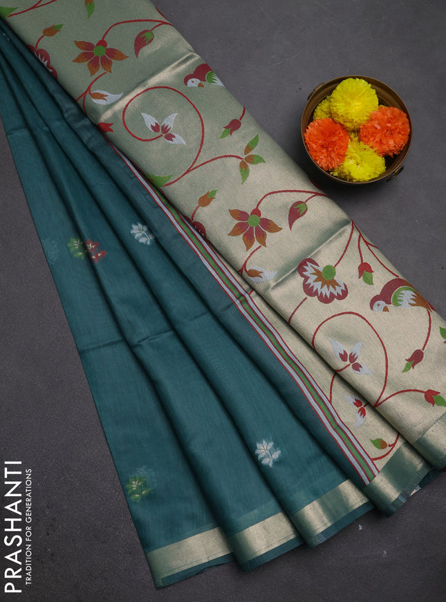 Jamdhani cotton saree peacock green and maroon with allover thread weaves and jamdhani pallu