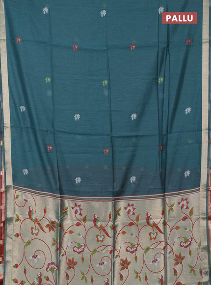 Jamdhani cotton saree peacock green and maroon with allover thread weaves and jamdhani pallu