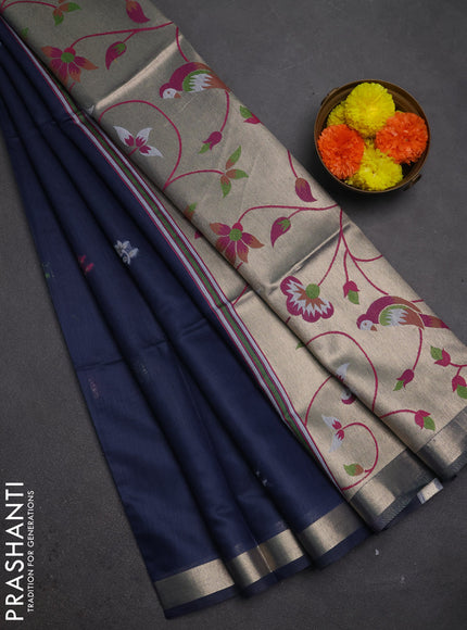 Jamdhani cotton saree navy blue and magenta pink with allover thread weaves and jamdhani pallu