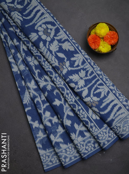Jamdhani cotton saree indigo blue with allover thread weaves and thread woven border