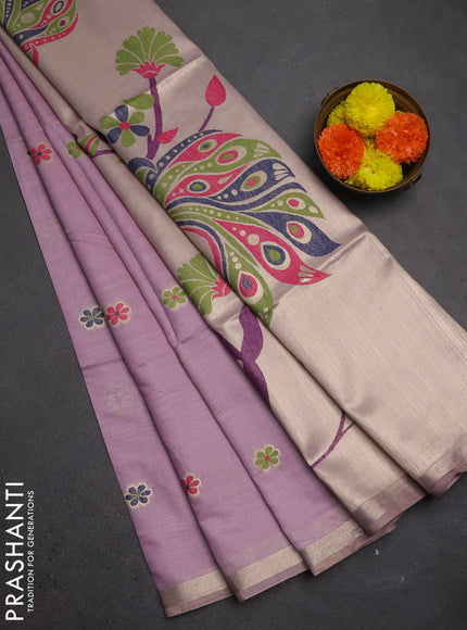 Jamdhani cotton saree lavender with thread woven buttas and peacock design jamdhani pallu
