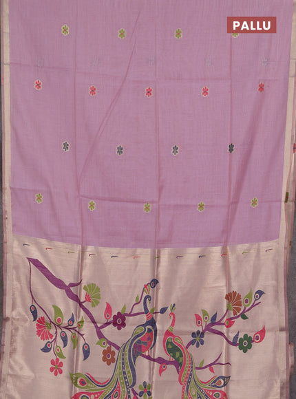 Jamdhani cotton saree lavender with thread woven buttas and peacock design jamdhani pallu