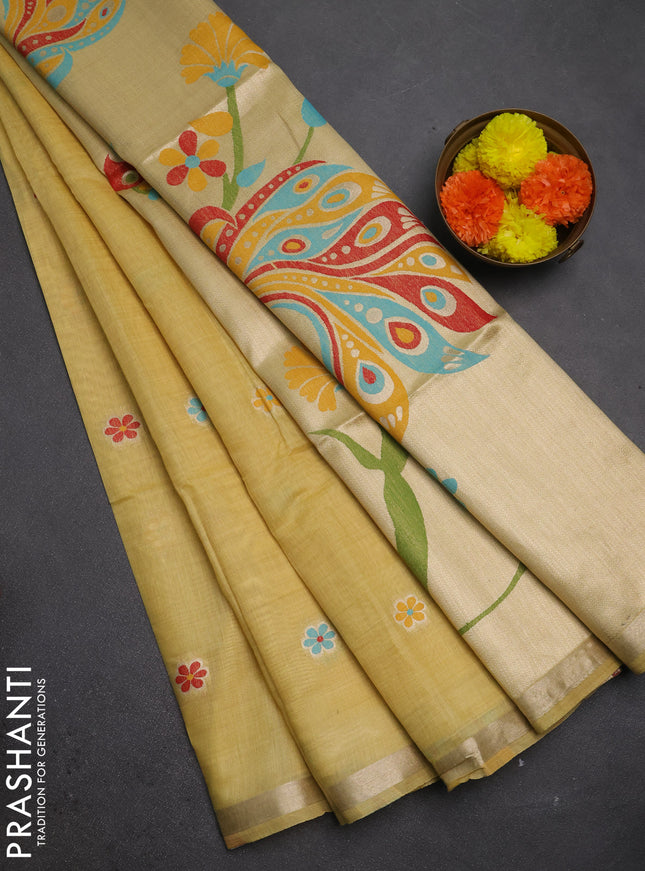 Jamdhani cotton saree pale yellow with thread woven buttas and peacock design jamdhani pallu