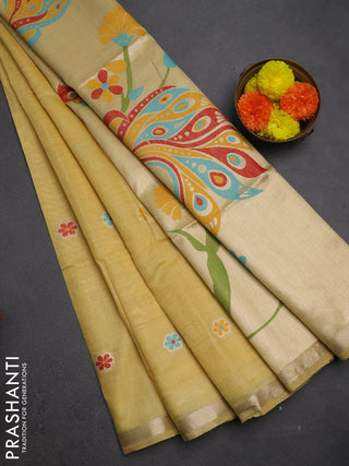 Jamdhani cotton saree pale yellow with thread woven buttas and peacock design jamdhani pallu