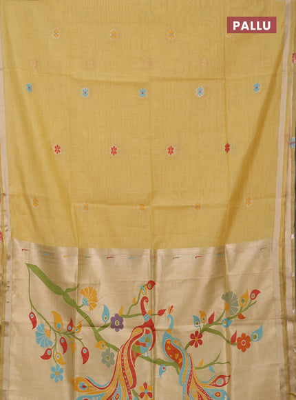 Jamdhani cotton saree pale yellow with thread woven buttas and peacock design jamdhani pallu