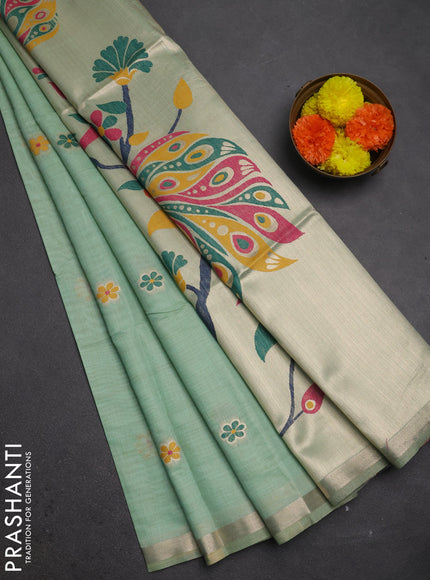 Jamdhani cotton saree pista green with thread woven buttas and peacock design jamdhani pallu