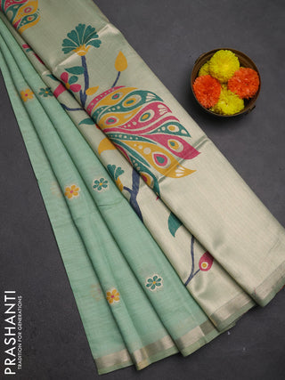Jamdhani cotton saree pista green with thread woven buttas and peacock design jamdhani pallu