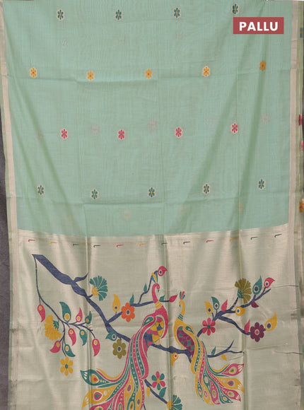 Jamdhani cotton saree pista green with thread woven buttas and peacock design jamdhani pallu