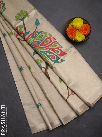 Jamdhani cotton saree beige with thread woven buttas and peacock design jamdhani pallu