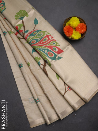 Jamdhani cotton saree beige with thread woven buttas and peacock design jamdhani pallu
