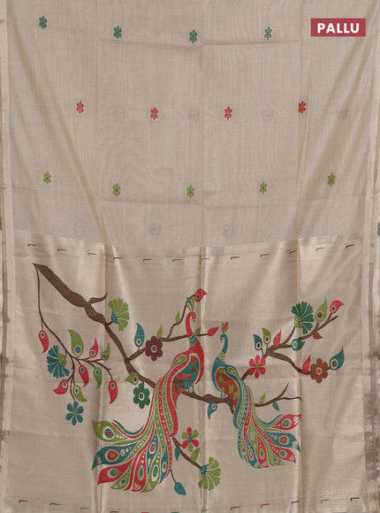 Jamdhani cotton saree beige with thread woven buttas and peacock design jamdhani pallu