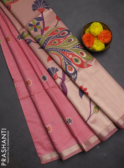 Jamdhani cotton saree peach pink with thread woven buttas and peacock design jamdhani pallu