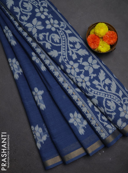 Jamdhani cotton saree indigo blue with allover thread woven buttas and zari woven border