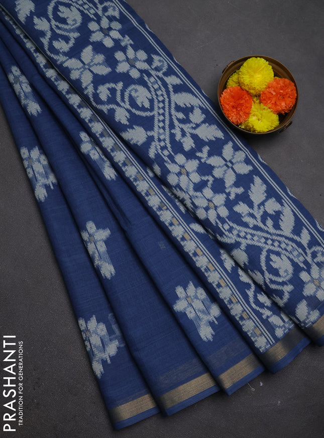 Jamdhani cotton saree indigo blue with allover thread woven buttas and zari woven border