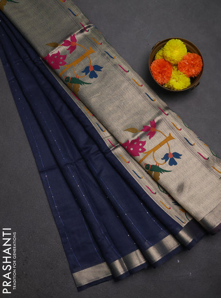 Jamdhani cotton saree navy blue with allover squin work and jamdhani pallu