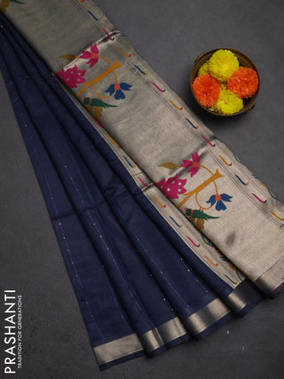 Jamdhani cotton saree navy blue with allover squin work and jamdhani pallu
