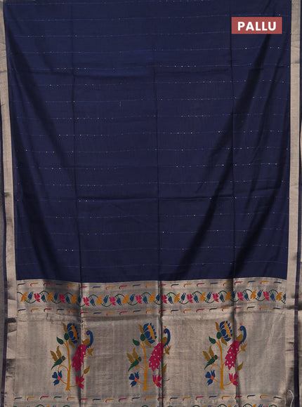 Jamdhani cotton saree navy blue with allover squin work and jamdhani pallu