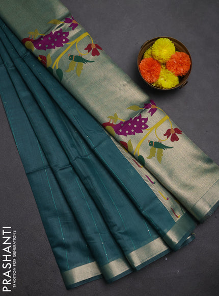 Jamdhani cotton saree peacock green with allover squin work and jamdhani pallu