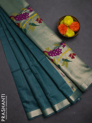 Jamdhani cotton saree peacock green with allover squin work and jamdhani pallu