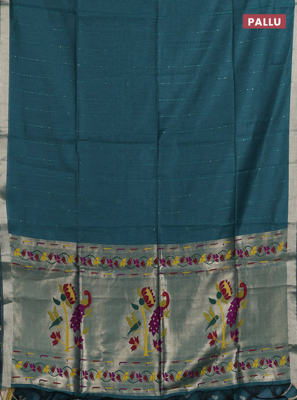 Jamdhani cotton saree peacock green with allover squin work and jamdhani pallu