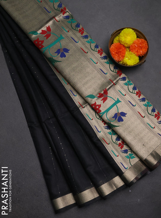 Jamdhani cotton saree black with allover squin work and jamdhani pallu