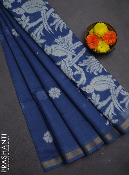 Jamdhani cotton saree indigo blue with thread woven buttas and zari woven border