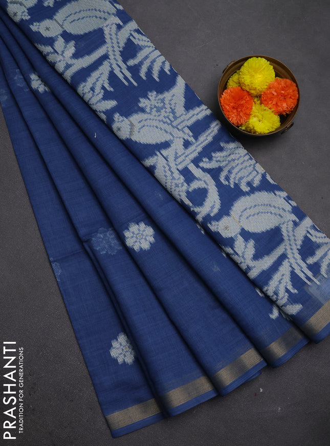 Jamdhani cotton saree indigo blue with thread woven buttas and zari woven border