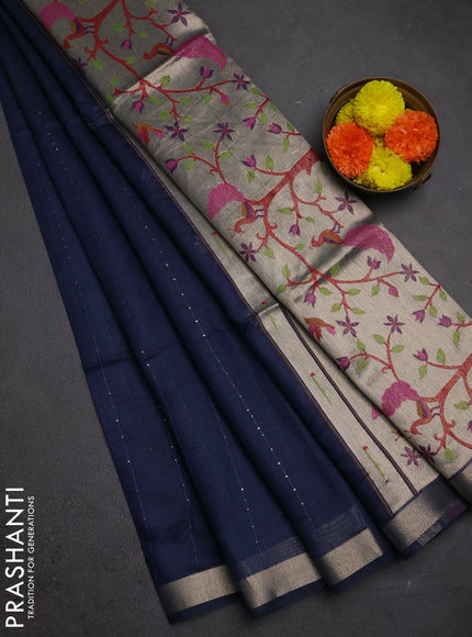 Jamdhani cotton saree navy blue with allover squin work and zari woven border
