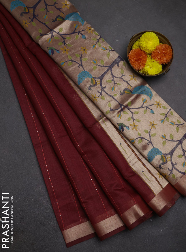 Jamdhani cotton saree maroon with allover squin work and zari woven border