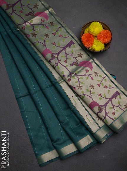 Jamdhani cotton saree peacock green with allover squin work and zari woven border