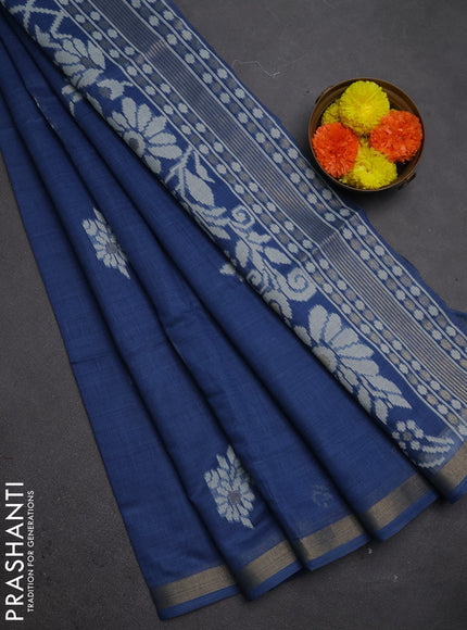 Jamdhani cotton saree indigo blue with thread woven buttas and thread woven border