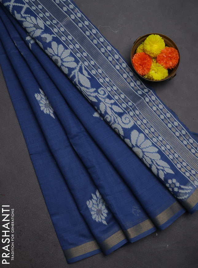 Jamdhani cotton saree indigo blue with thread woven buttas and thread woven border