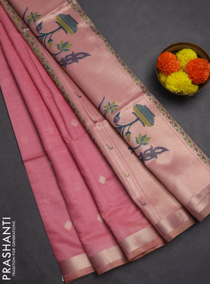 Jamdhani cotton saree peach pink with allover zari woven buttas and jamdhani pallu