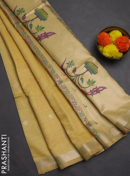 Jamdhani cotton saree pale yellow with allover zari woven buttas and jamdhani pallu