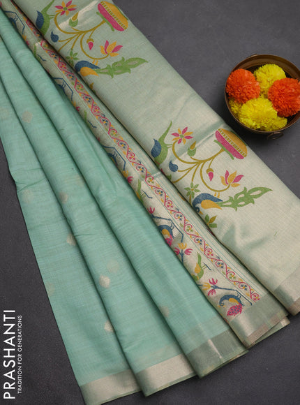 Jamdhani cotton saree teal green with allover zari woven buttas and jamdhani pallu
