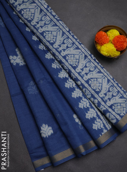 Jamdhani cotton saree indigo blue with thread woven buttas and jamdhani pallu