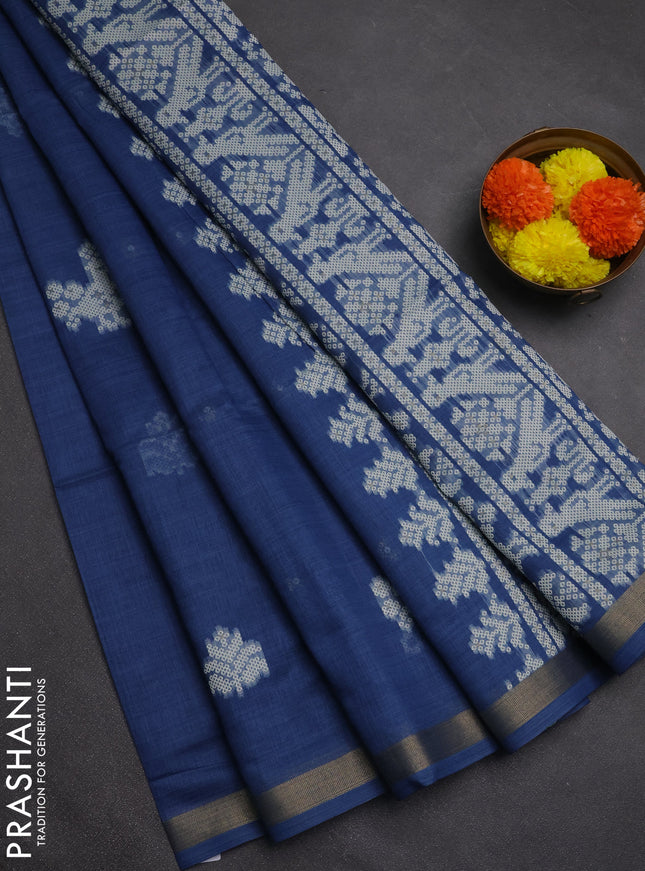 Jamdhani cotton saree indigo blue with thread woven buttas and jamdhani pallu
