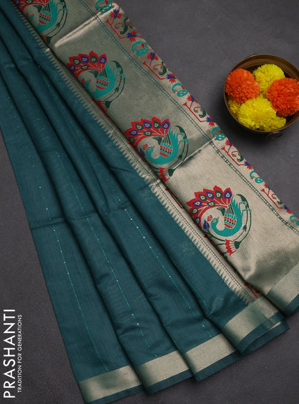 Jamdhani cotton saree peacock green with allover squin work and jamdhani pallu
