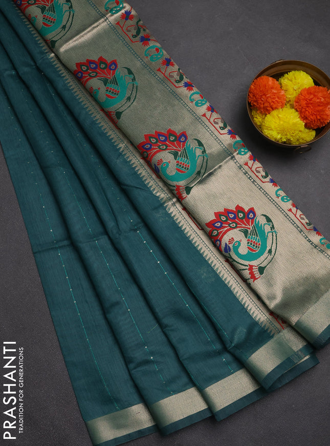 Jamdhani cotton saree peacock green with allover squin work and jamdhani pallu