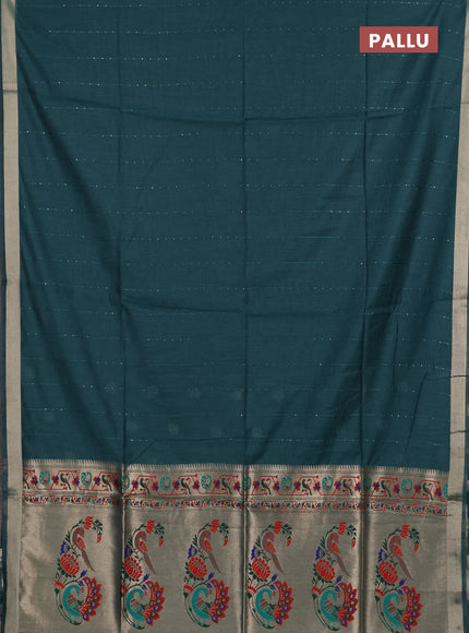 Jamdhani cotton saree peacock green with allover squin work and jamdhani pallu