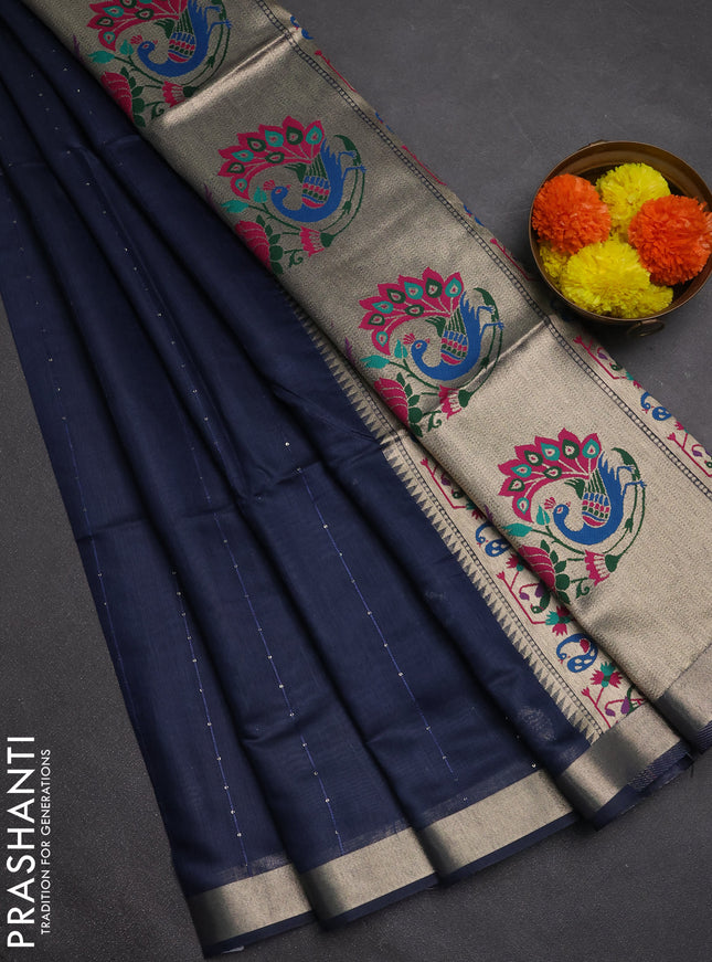 Jamdhani cotton saree navy blue with allover squin work and jamdhani pallu