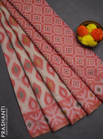 Jamdhani cotton saree beige and red with thread woven buttas and jamdhani pallu