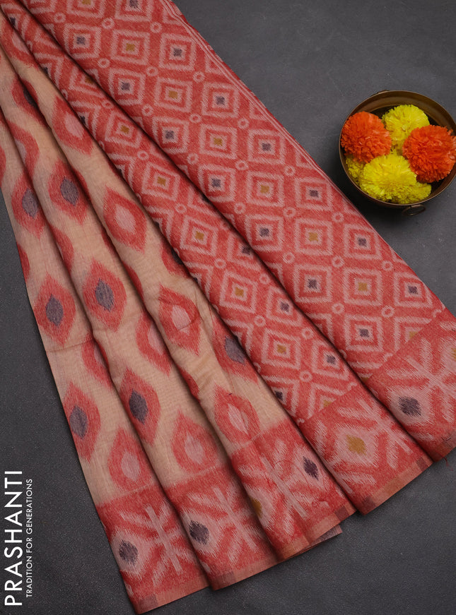 Jamdhani cotton saree peach shade with thread woven buttas and jamdhani pallu