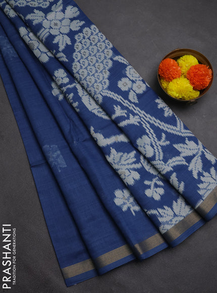 Jamdhani cotton saree indigo blue with allover thread weaves and zari woven border