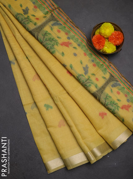 Jamdhani cotton saree pale yellow with thread woven buttas and jamdhani pallu