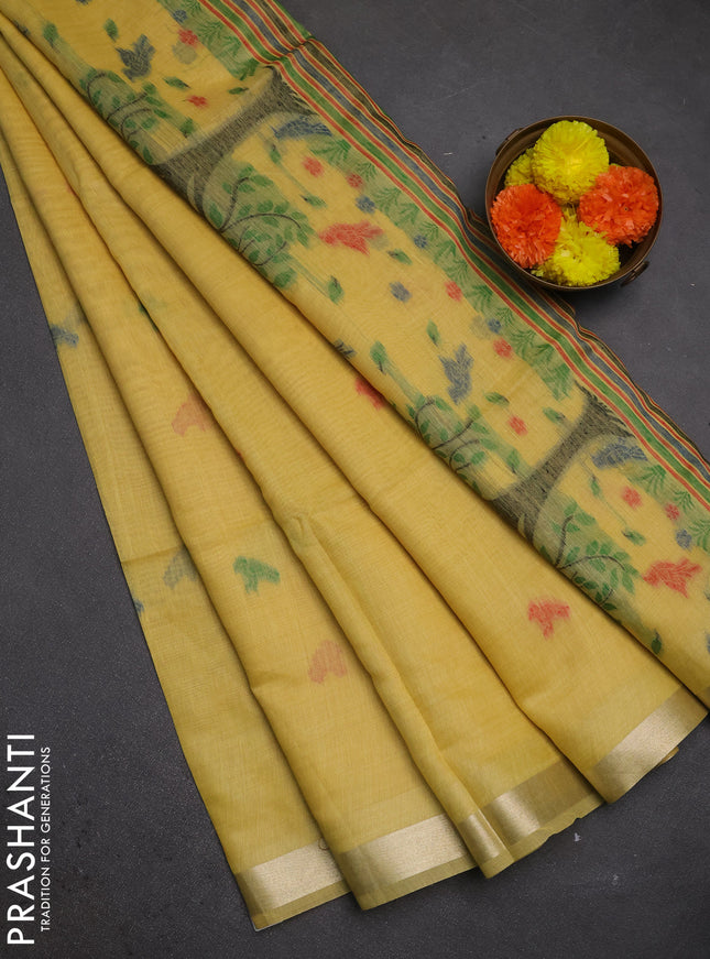 Jamdhani cotton saree pale yellow with thread woven buttas and jamdhani pallu