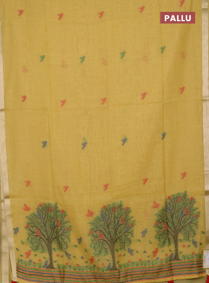 Jamdhani cotton saree pale yellow with thread woven buttas and jamdhani pallu