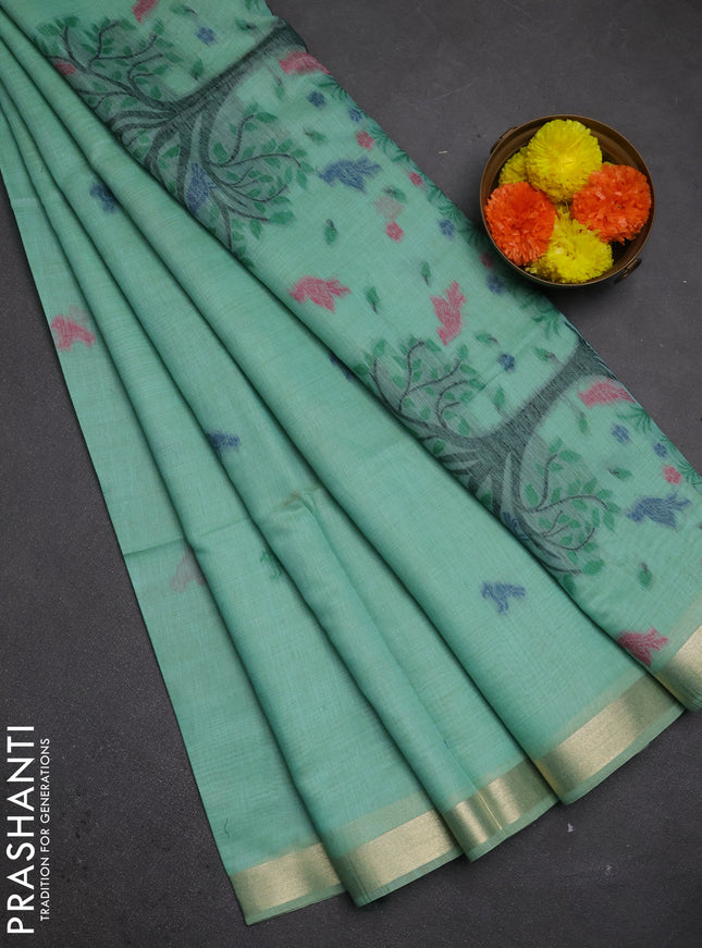 Jamdhani cotton saree teal green with thread woven buttas and jamdhani pallu
